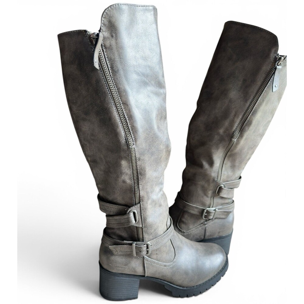 Jellypop Drift Gray Faux Leather Knee High Combat Boot Lug Block Heel Womens 8M
